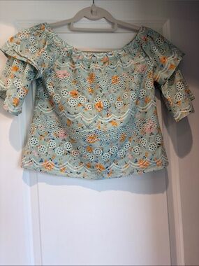 LAIA Off-Shoulder Floral Eyelet Top in Light Mint Oversized Flowy fit